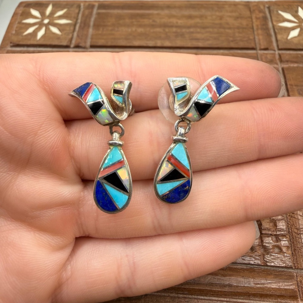Sterling Silver Inlay Earrings Multicolor Turquoise Opal Drop Ribbon Dangle